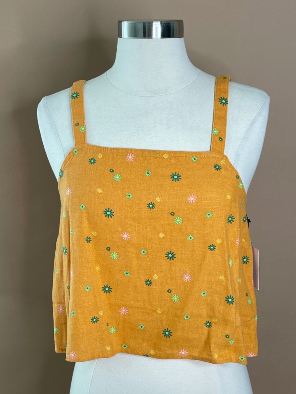 Abound Linen Blend Floral Crop Tank Top S Yellow Daisy Summer